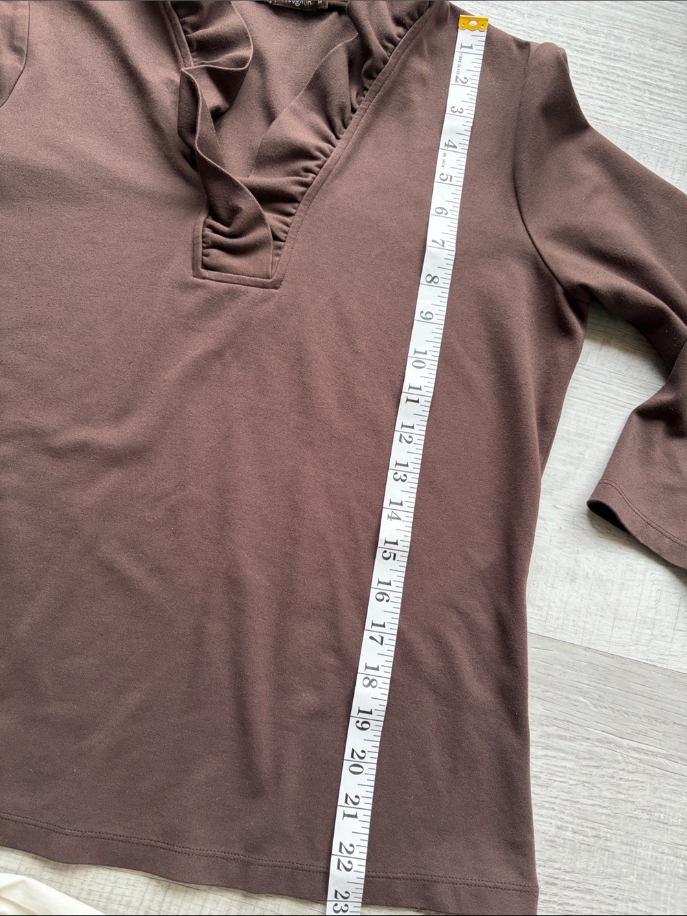 J. McLaughlin Chocolate Brown Ruffle V-Neck 3/4 Sleeve Top, Size M. - Picture 8 of 11